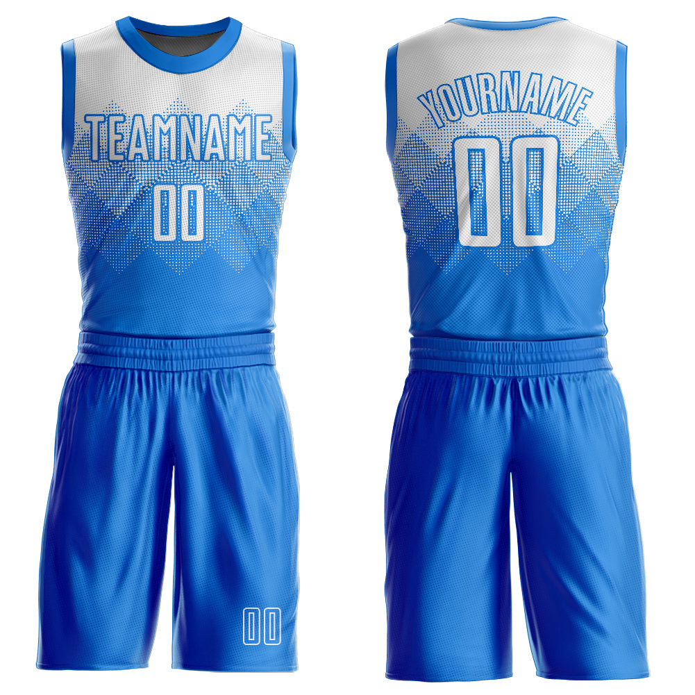 Custom Electric Blue White Round Neck Sublimation Basketball Suit Jersey