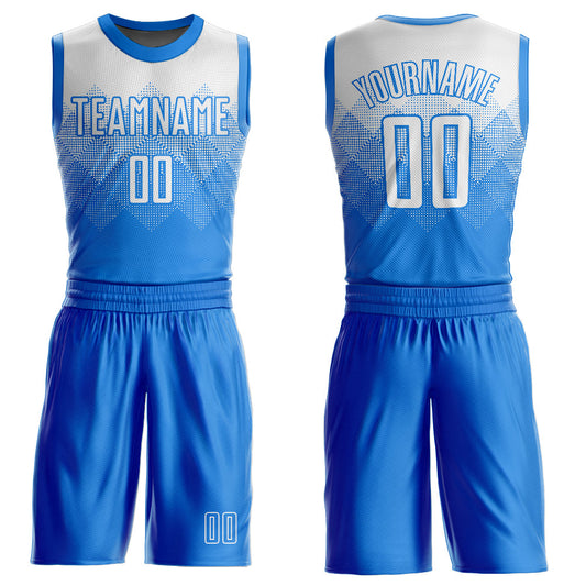 Custom Electric Blue White Round Neck Sublimation Basketball Suit Jersey