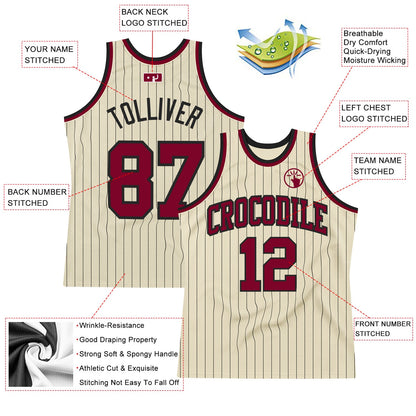 Custom Cream Black Pinstripe Maroon Authentic Basketball Jersey