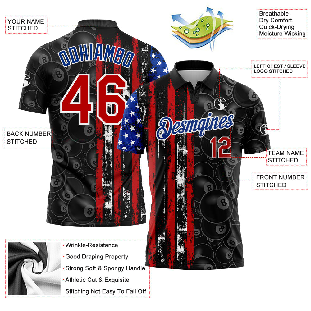 Custom Black Red-Royal 3D Pattern Design Billiards Snooker 8 Ball American Flag Performance Golf Polo Shirt