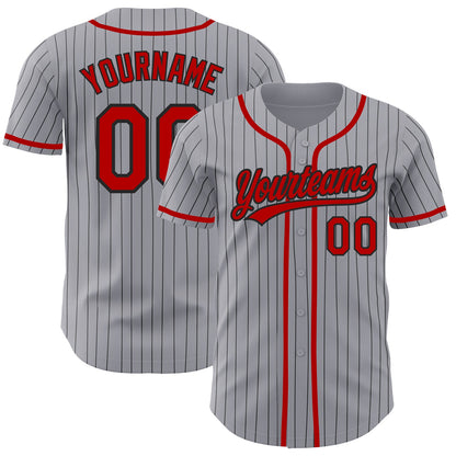 Custom Gray Black Pinstripe Red Authentic Baseball Jersey