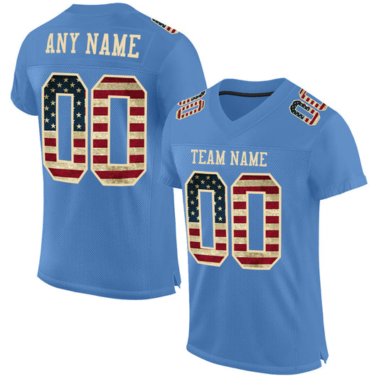 Custom Electric Blue Vintage USA Flag-City Cream Mesh Authentic Football Jersey