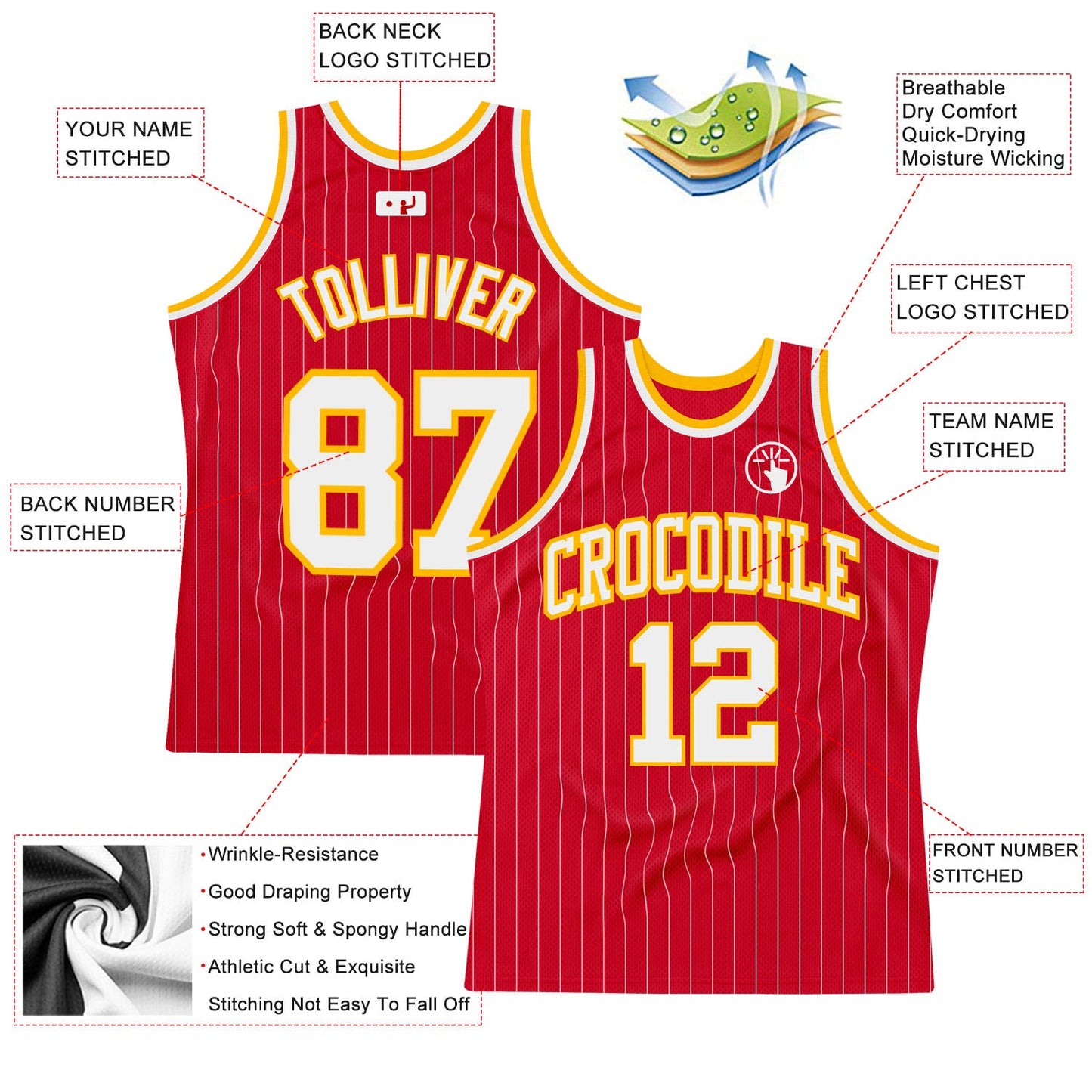 Custom Red White Pinstripe White-Gold Authentic Basketball Jersey