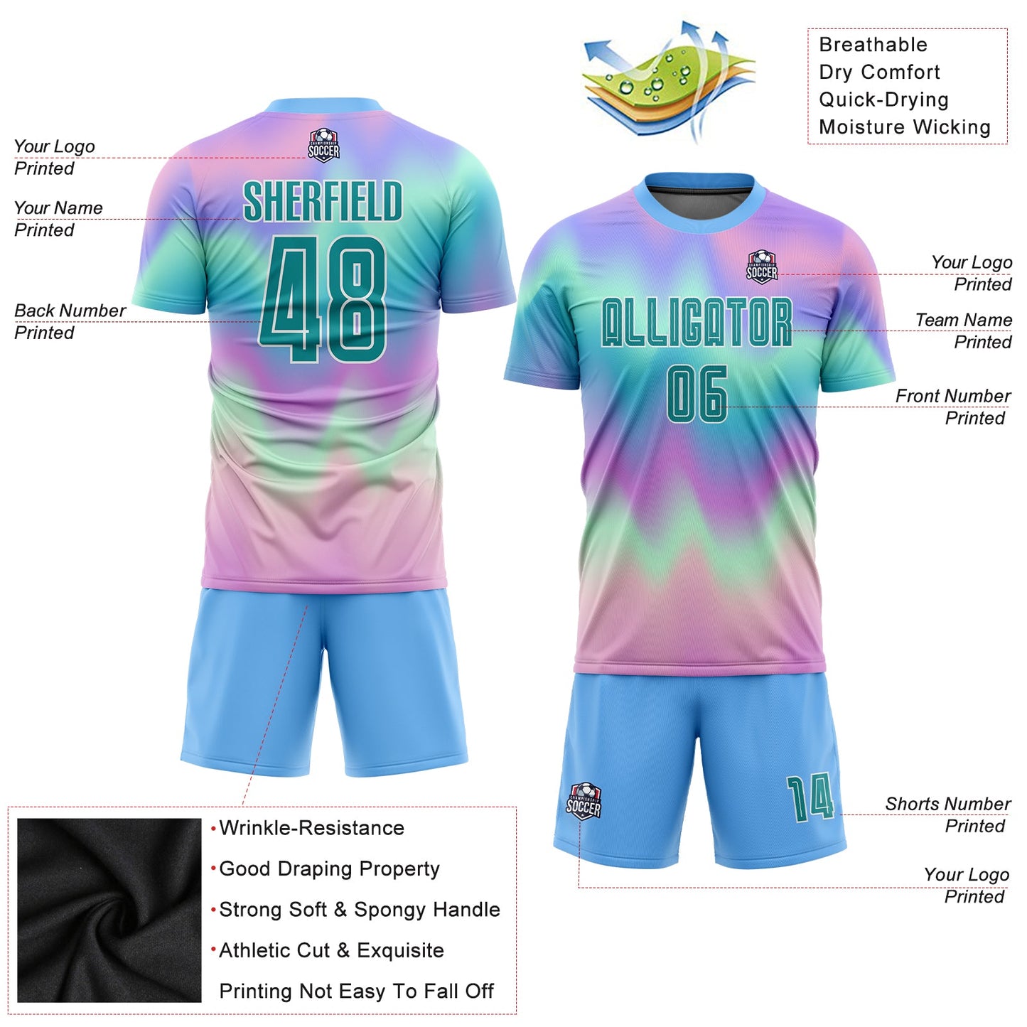 Custom Tie Dye Teal-White Sublimation Soccer Uniform Jersey